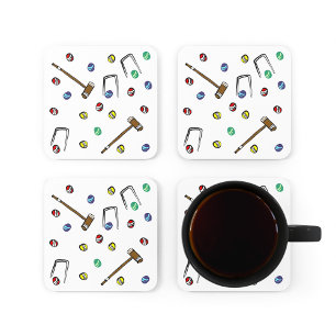 Whimsical Croquet Hand-Illustrated Pattern Square Paper Coaster