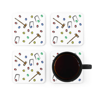 Whimsical Croquet Hand-Illustrated Pattern Square Paper Coaster