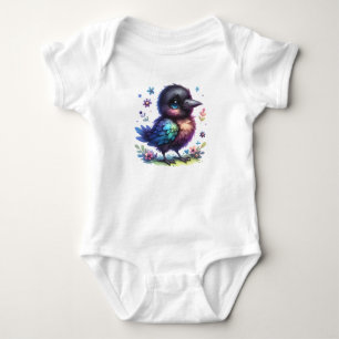 Whimsical Crow Illustration   Kawaii Bird Design Baby Bodysuit
