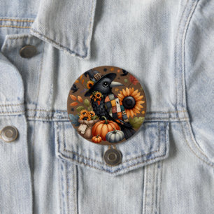 Whimsical Crow with Pumpkins and Sunflowers 3 Inch Round Button