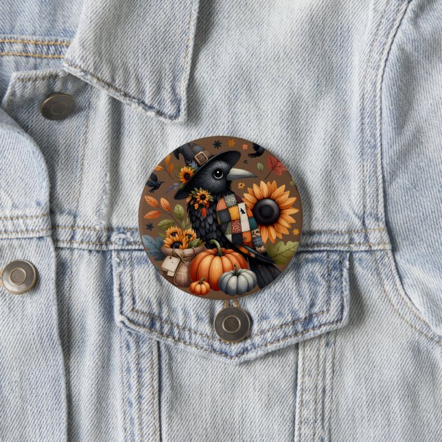 Whimsical Crow with Pumpkins and Sunflowers 3 Inch Round Button (In Situ)