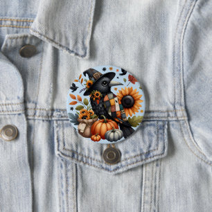 Whimsical Crow with Pumpkins and Sunflowers 3 Inch Round Button