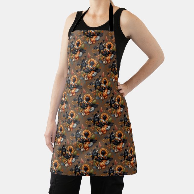 Whimsical Crow with Pumpkins and Sunflowers Apron (Insitu)