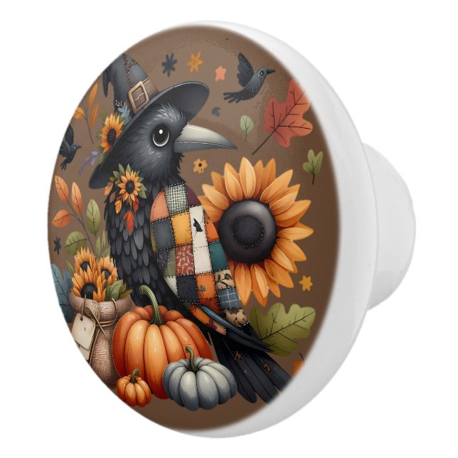 Whimsical Crow with Pumpkins and Sunflowers Ceramic Knob (Right)