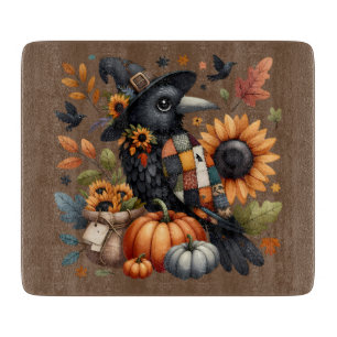 Whimsical Crow with Pumpkins and Sunflowers Cutting Board