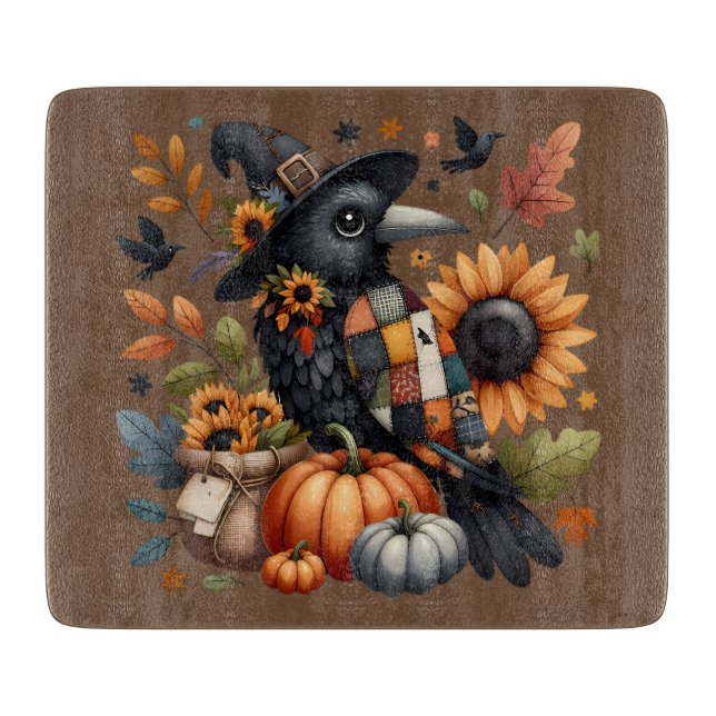 Whimsical Crow with Pumpkins and Sunflowers Cutting Board (Front)