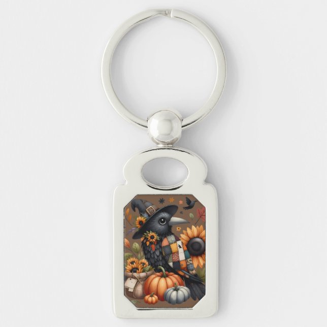 Whimsical Crow with Pumpkins and Sunflowers Keychain (Front)