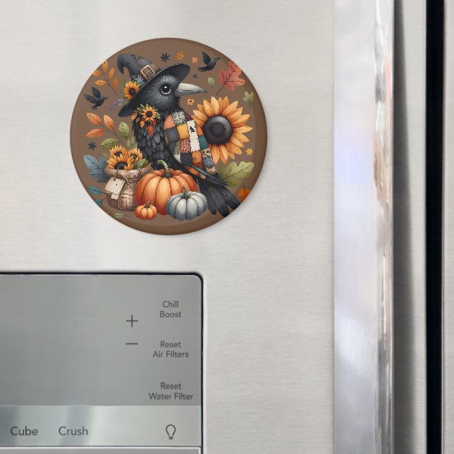 Whimsical Crow with Pumpkins and Sunflowers Magnet (In Situ (Fridge))