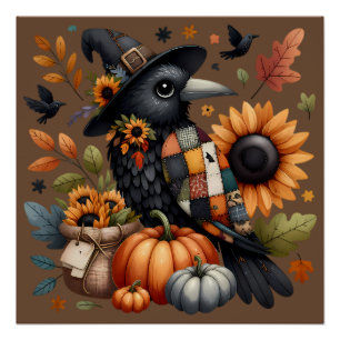 Whimsical Crow with Pumpkins and Sunflowers Poster