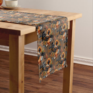 Whimsical Crow with Pumpkins and Sunflowers Short Table Runner