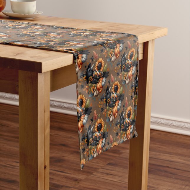 Whimsical Crow with Pumpkins and Sunflowers Short Table Runner (In Situ)