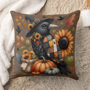 Whimsical Crow with Pumpkins and Sunflowers Throw Pillow