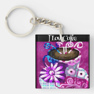 Whimsical Cup of Coffee Abstract Painting Purple Keychain
