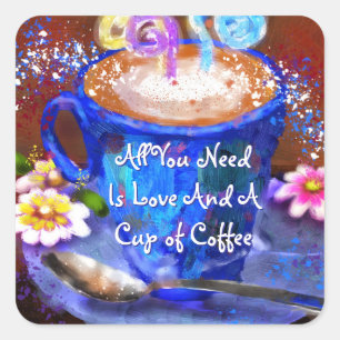 Whimsical Cup of Coffee Floral Personalized Square Sticker