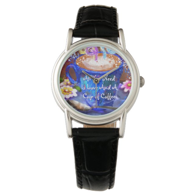 Whimsical Cup of Coffee Floral Personalized Watch (Front)