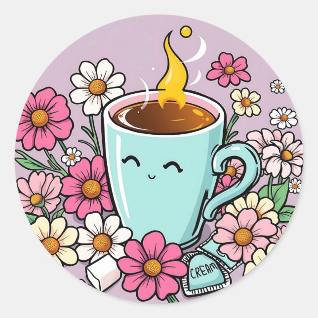 Whimsical Cup of Warm Coffee and Flowers Classic Round Sticker (Front)