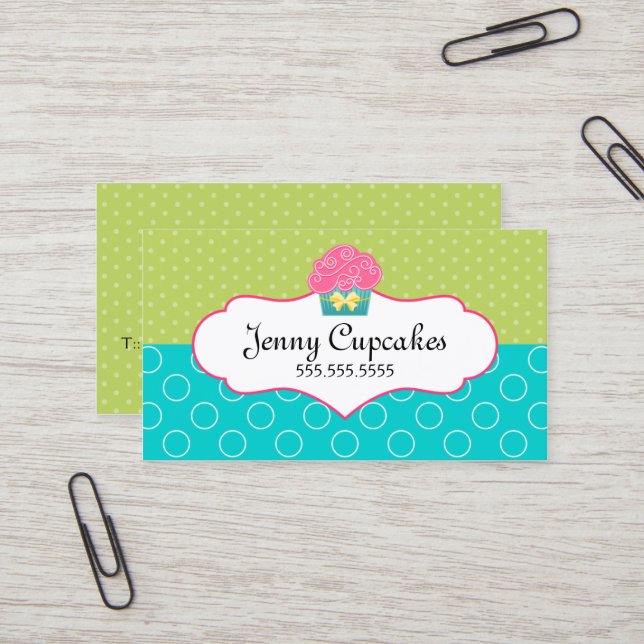 Whimsical Cupcake Bakery Business Card (Front/Back In Situ)