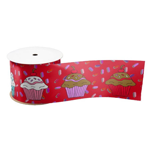 Whimsical Cupcakes and red and purple Sprinkles Satin Ribbon (Spool)