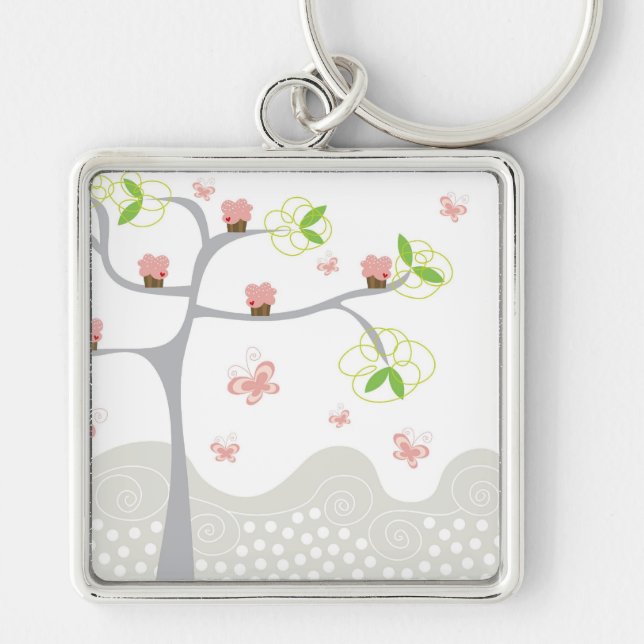 Whimsical Cupcakes Tree Butterflies Sweet Birthday Keychain (Front)