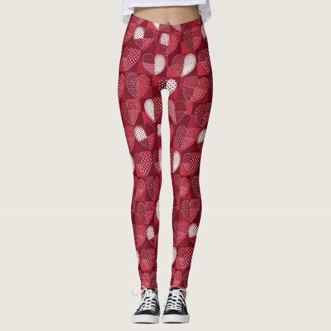 Whimsical Cupid Heart Red White Black Leggings (Front)