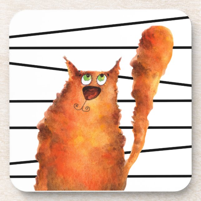 Whimsical Curious Cat on Stripes Pattern Coaster (Front)