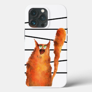 Whimsical Curious Cat on Stripes Pattern iPhone 13 Pro Case