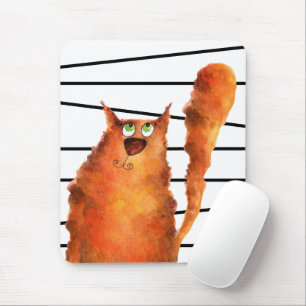 Whimsical Curious Cat on Stripes Pattern Mouse Pad