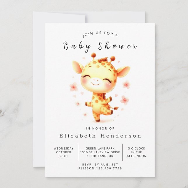 Whimsical Custom Giraffe Baby Shower Invitation (Front)