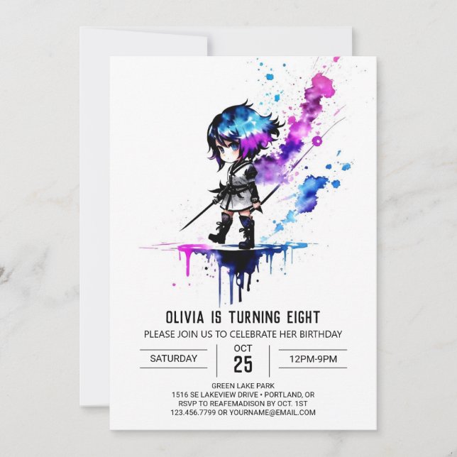 Whimsical Custom Ninja Digital Girl Birthday Invitation (Front)