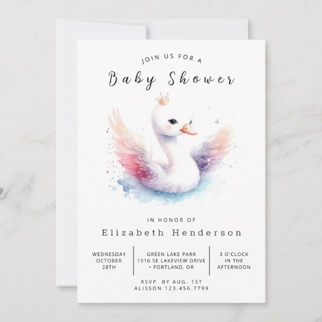 Whimsical Custom Swan Baby Shower Invitation (Front)