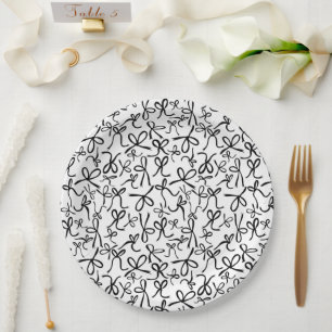 Whimsical Cute B&W Bows Pattern Bridal Shower Paper Plate