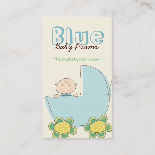 Whimsical Cute Baby Boy In Blue Pram Modern Chic Business Card (Front)