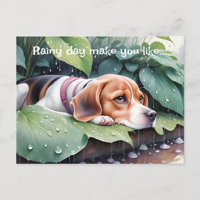 Whimsical Cute Beagle Rainy Day Green Botanical Postcard (Front)