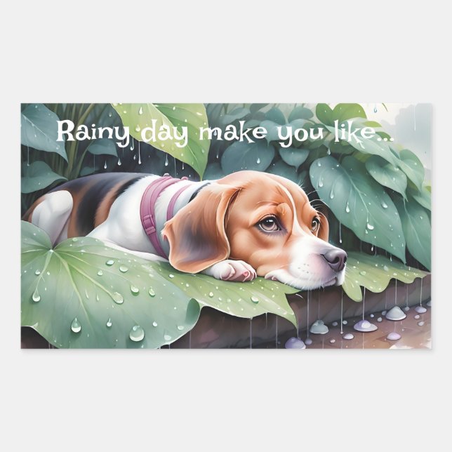 Whimsical Cute Beagle Rainy Day Green Botanical Sticker (Front)