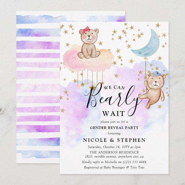 Whimsical Cute Bearly Wait Gender Reveal Party Invitation (Front/Back)
