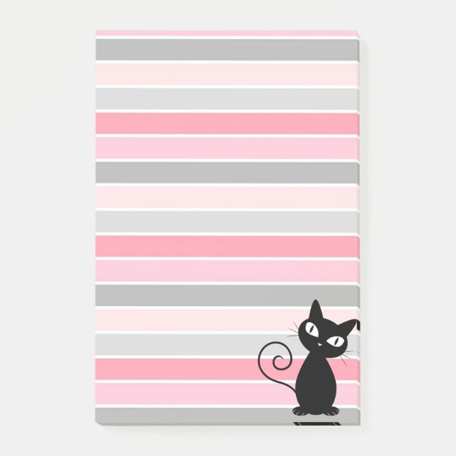 Whimsical Cute Black Cat on Stripes Post-it Notes (Front)
