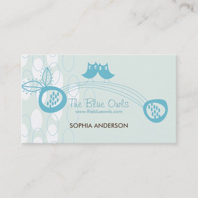 Whimsical Cute Cartoon Blue Retro Mr and Mrs Owl Business Card (Front)