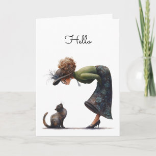 Whimsical Cute Cat and Lady Hello Greeting Card