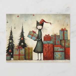 Whimsical Cute Cat with Christmas Gifts and Tree Postcard