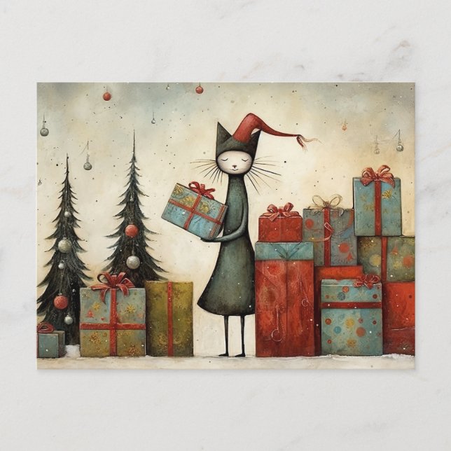Whimsical Cute Cat with Christmas Gifts and Tree Postcard (Front)
