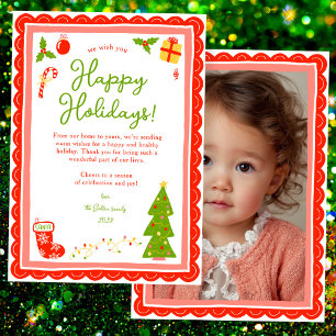 Whimsical Cute Christmas CUSTOM PHOTO Scalloped Holiday Card
