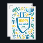 Whimsical Cute Dreidel Menorah CUSTOM HANUKKAH Holiday Postcard<br><div class="desc">Perfect cute card for a fun holiday card! Hand made art for you! FULLY CUSTOMIZABLE! Click on “Personalize” above to edit the text. Click "edit using design tool" to adjust the fonts, colours and placements. (check my shop for alternate designs too) This is a postcard, check my shop for folded...</div>