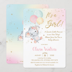 Whimsical Cute Elephant Balloons Baby Shower Girl  Invitation