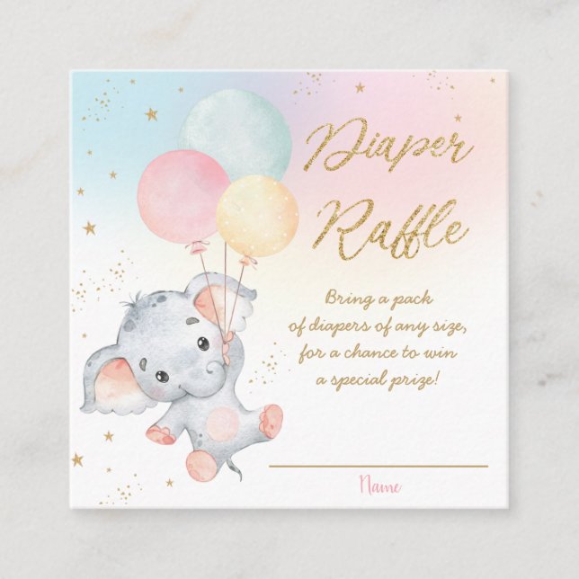 Whimsical Cute Elephant Balloons Diaper Raffle  En Enclosure Card (Front)