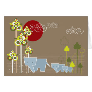 Whimsical Cute Elephant Family In Forest Trees Sun