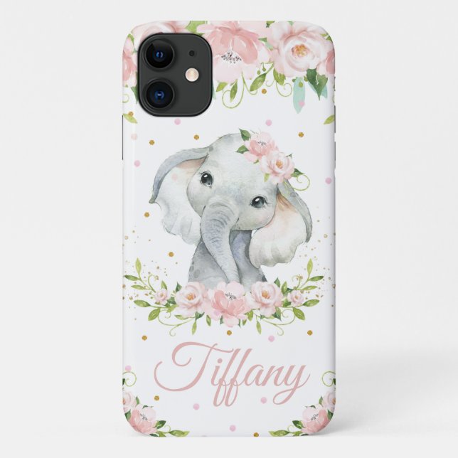 Whimsical Cute Elephant Pink Blush Floral Case-Mate iPhone Case (Back)