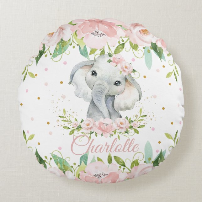 Whimsical Cute Elephant Pink Blush Floral Nursery Round Pillow (Front)
