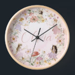 Whimsical Cute Fairy Wildflower Garden Meadow Clock<br><div class="desc">Personalized this whimsical wildflower fairies round wall clock easily and quickly. Simply click the Edit Using Design Tools button to edit the text, change font and font colours. Featuring watercolor hand-drawn fairies in an enchanted wildflower meadow. Matching items available in store. All text is editable! Makes a wonderful personalized present!...</div>