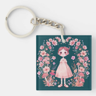 Whimsical Cute Fantasy Floral Girl Art Keychain