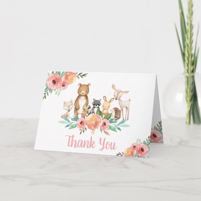 Whimsical Cute Floral Woodland Animals Baby Shower Thank You Card (Front)